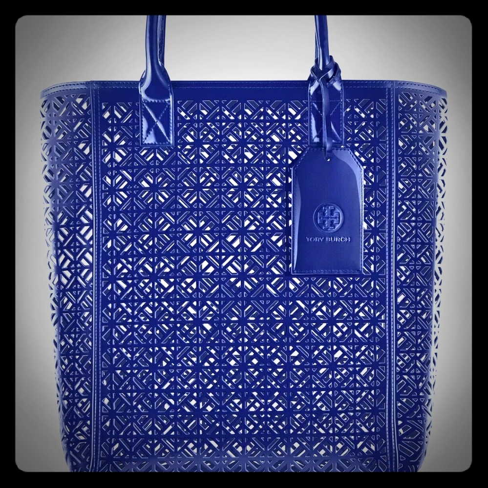 TORY BURCH Large Navy Blue Lace Perforated Patent